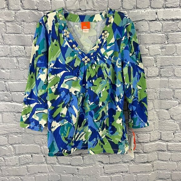Hearts Of Palm Womens XL Blue Green Abstract V-Neck 3/4 Sleeve Top With Sequins - Picture 1 of 7